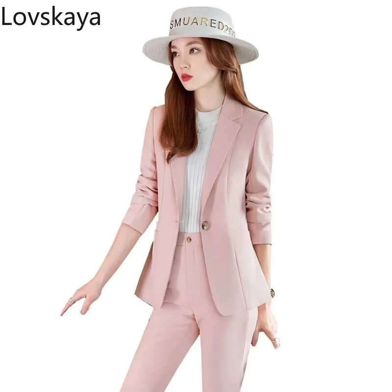 

Business Work Wear 2 Piece Set Pink Solid Blazer And Trouser Office Ladies Formal Pant Suit Women Female