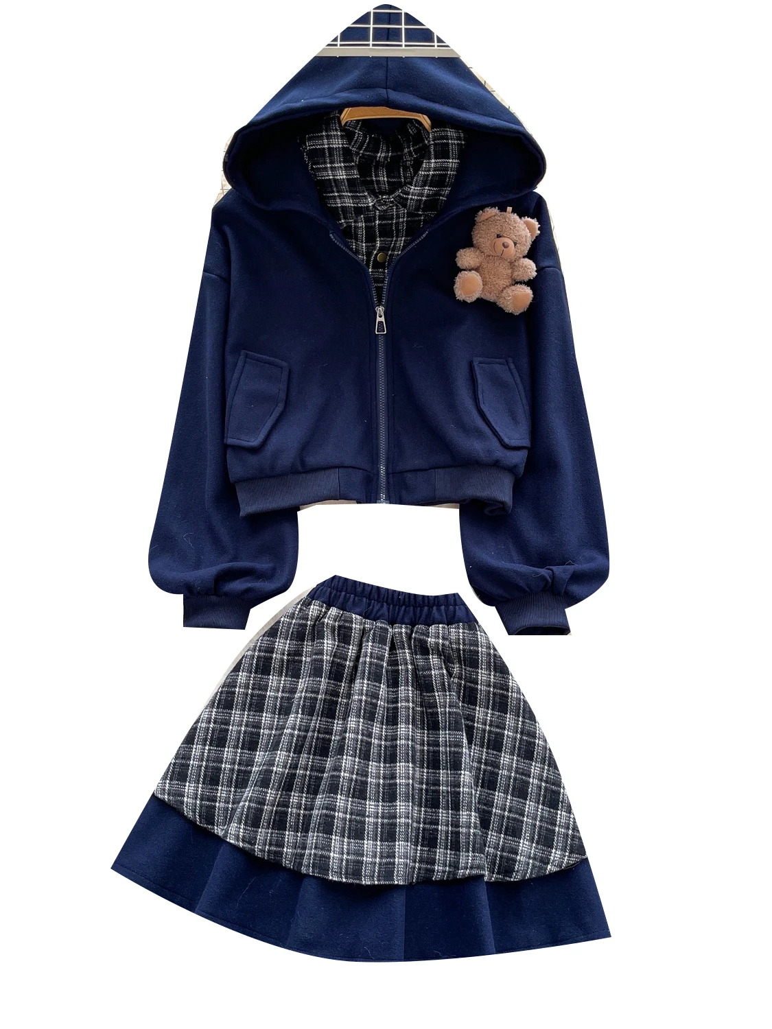Sweet And Spicy Girl Casual Set Women's Autumn Faion Plaid Patchwork Hoodie Jaet High Waist  Skirt Two Piece Set