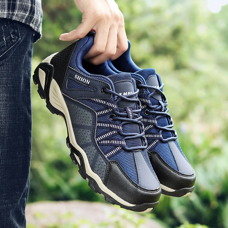 

Мужская походная обувь, Нескользящая уличная спортивная обувь с низким берцем, мужские мягкие дышащие повседневные кроссовки на шнуровке с сеткой, мужская обувь