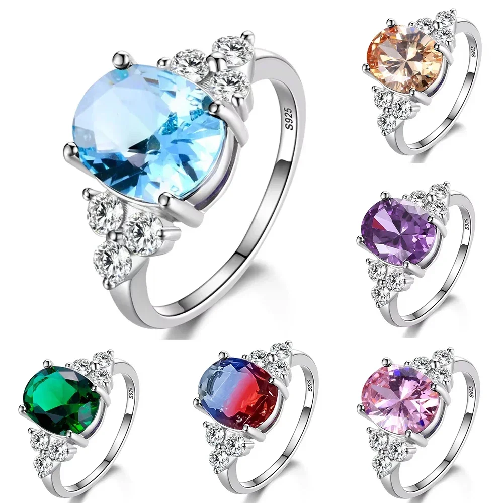 925 فضة الزركون مجوهرات للنساء خاتم أبيض وردي أزرق فاتح الشمبانيا البيضاوي موضة الزفاف حفلة خطوبة خاتم Gif #3