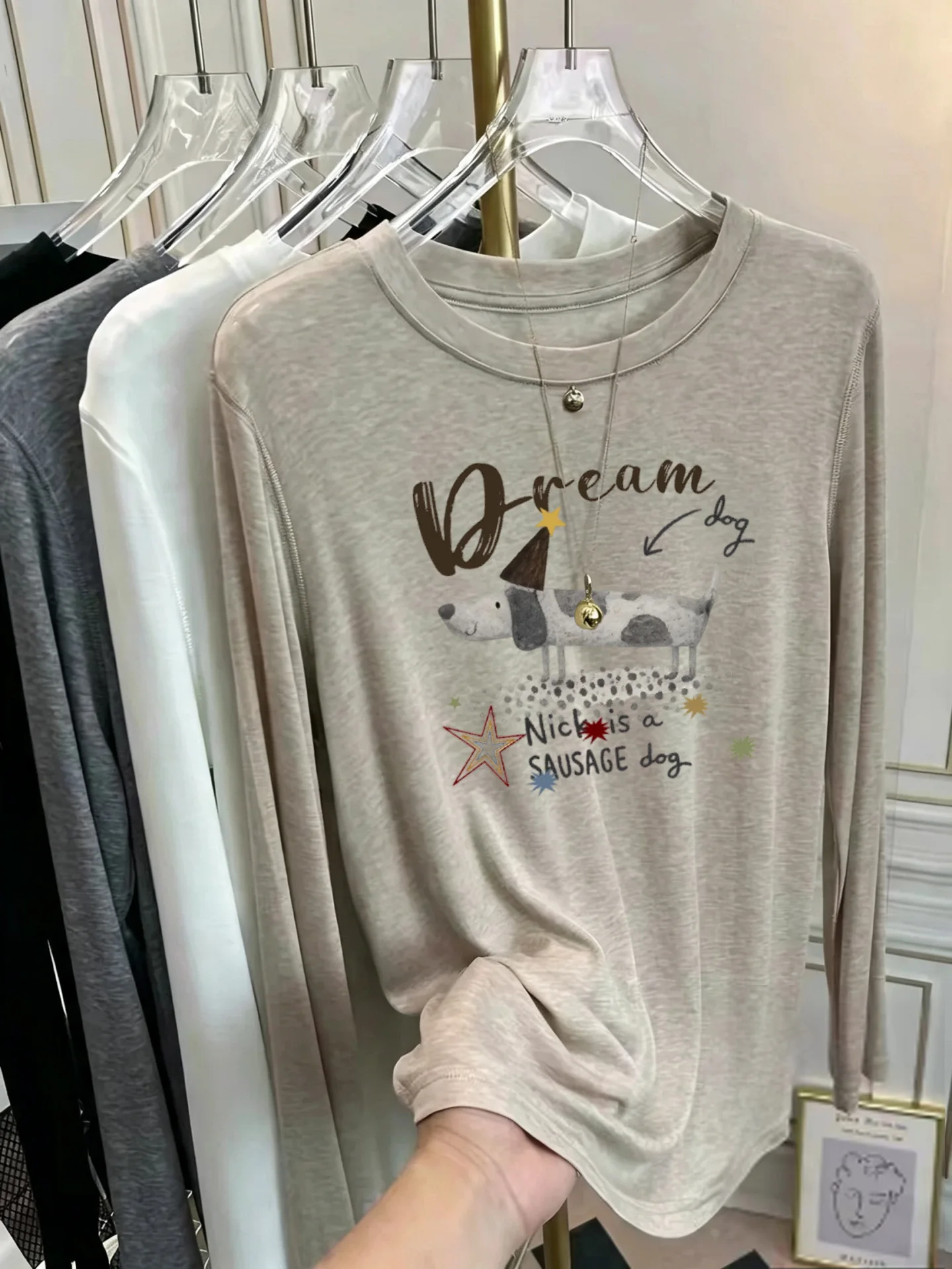 Korean Style Women's Long Sleeve T-Shirt Soft Sunscreen Print Thin Mask Base Shirt Early Autumn Fashionable Cotton Tee