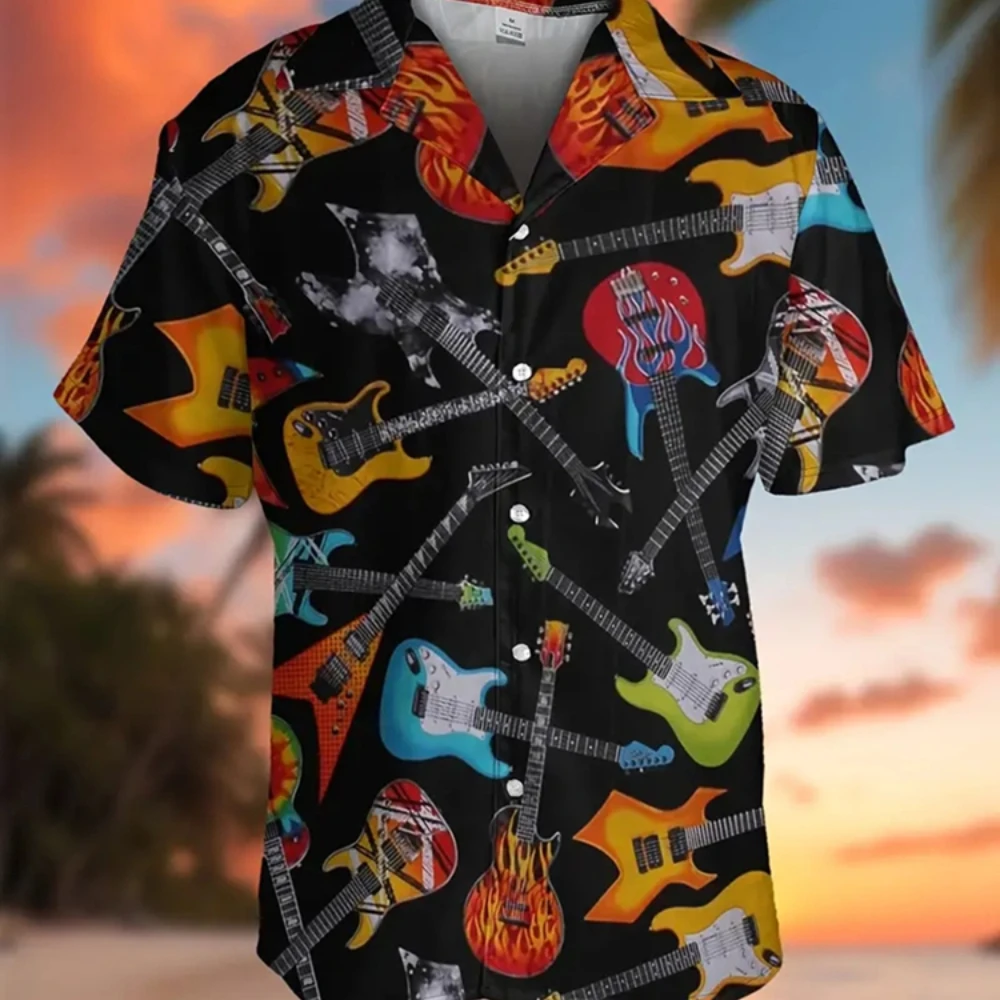 

Casual Men's Shirt With Guitar Print Pattern Retro Fashion Short Sleeved Lapel Men's Shirt Daily Street Beach Vacation Top Shirt