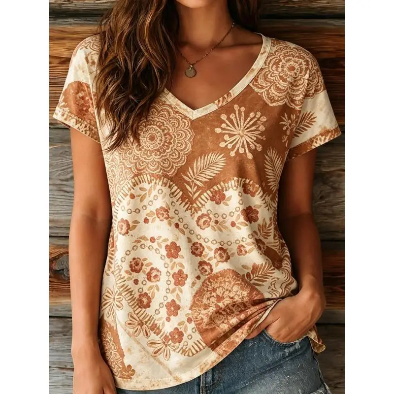 Boho Women Loose V Neck Short Sleeve Tops Retro Heart Mandala Western Ethnic Floral Print Casual Tees