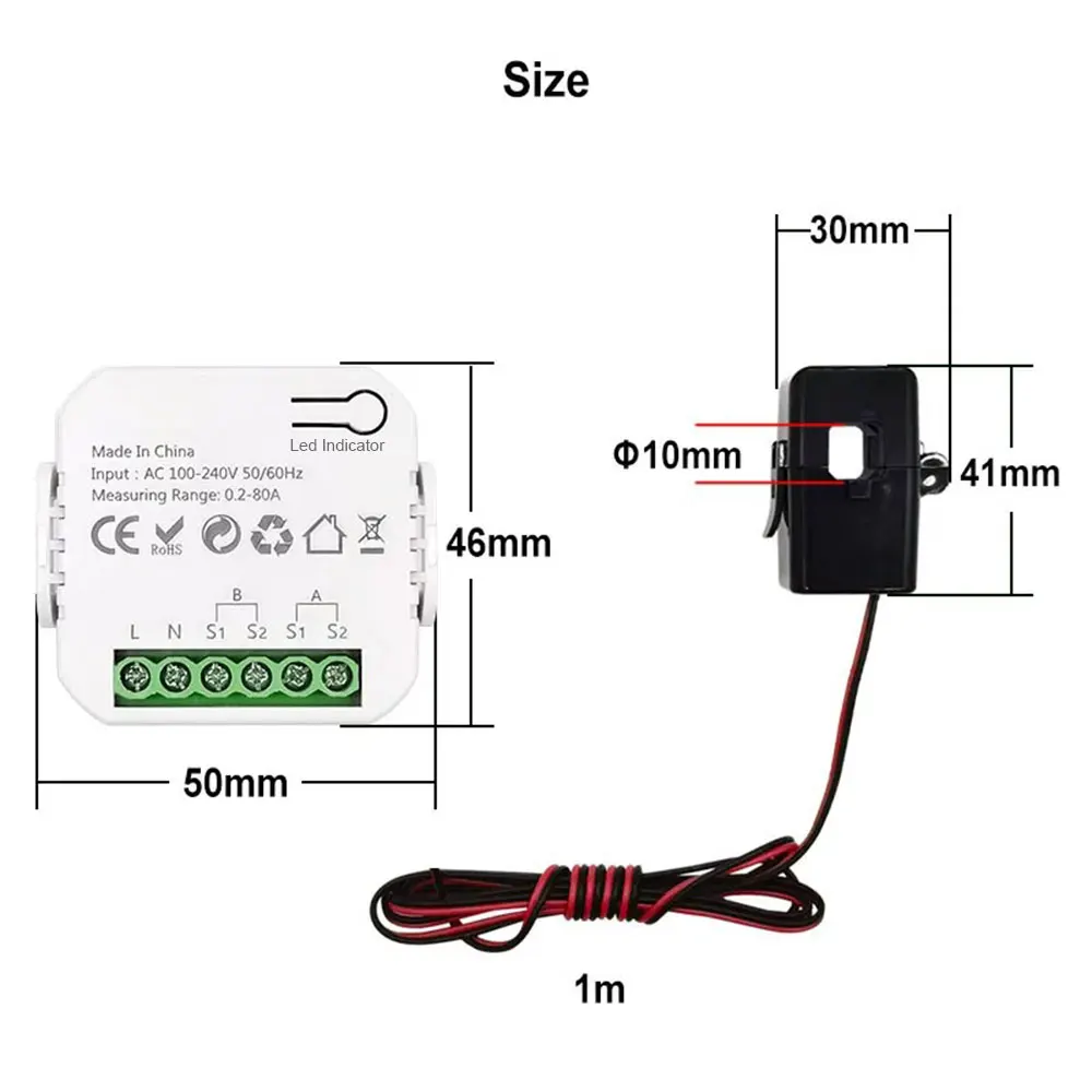 Tuya WIFI Smart Energy Meter Bidirection 1, 2 Channel with Current Transformer Clamp App Monitor Power 80A 100V/240V 50/60Hz