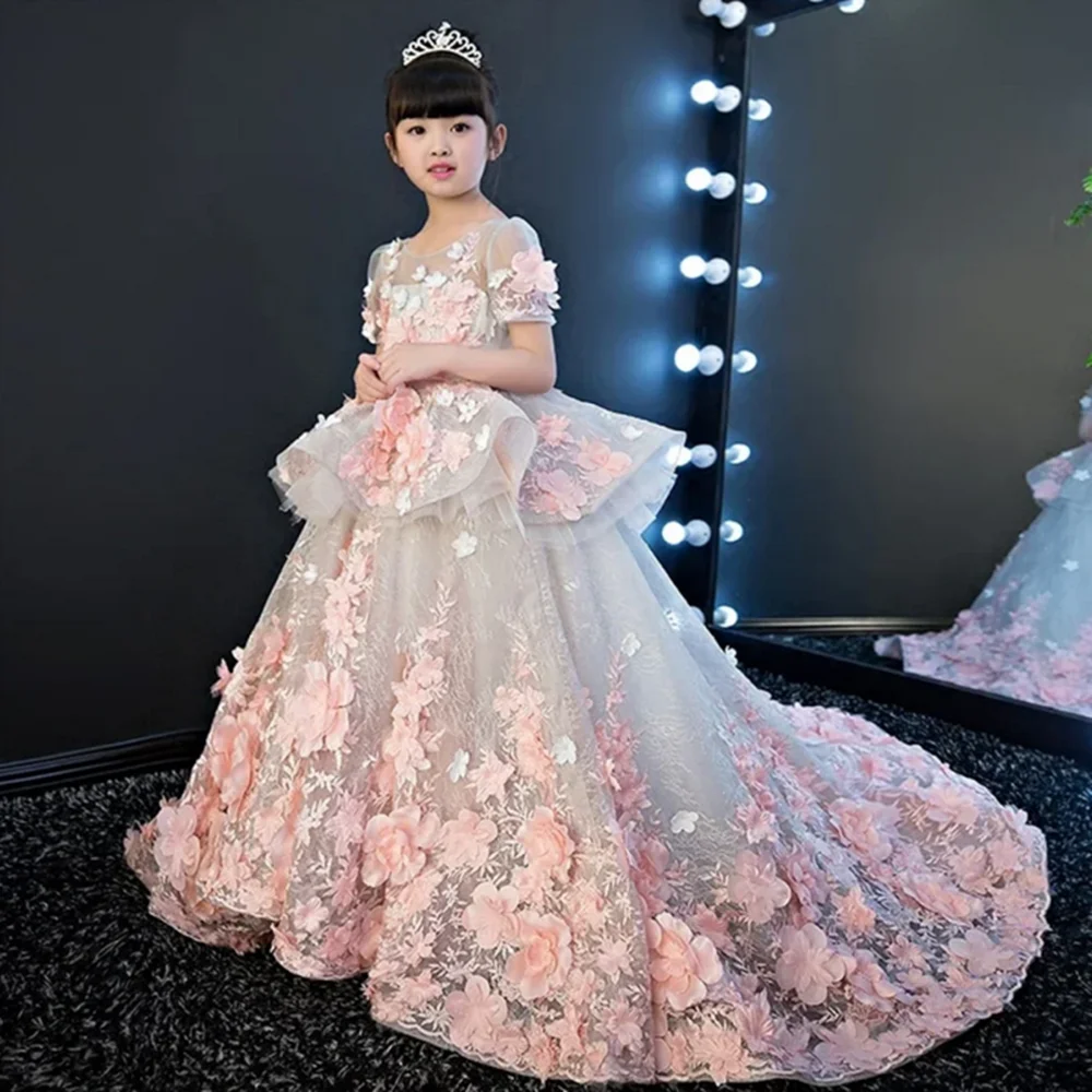 Flower Girl Dresses Tulle Ruffles Baby Kids Birthday Wedding Party Dress lunghezza al ginocchio a strati prima comunione Ball Gown