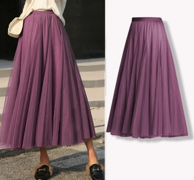 Hot Women Mesh Elastic Tutu Skirt Beach Spring Summer Korean High Waist Fashion Pleated Long Skirt Black White Tulle Skirts