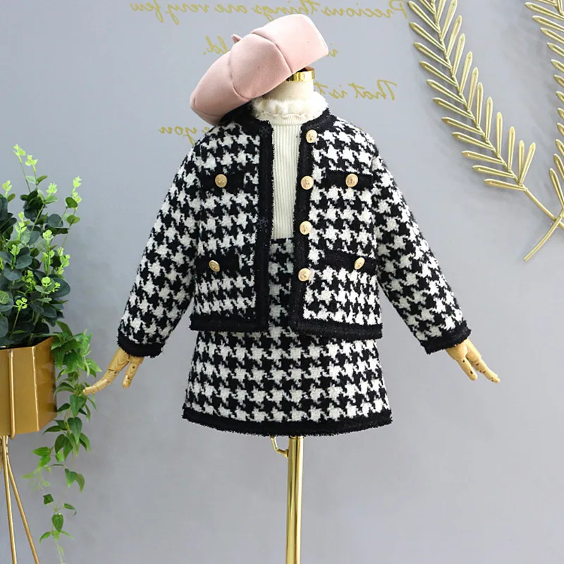 

Baby Girl Kids Elegant 2pcs Suits Children Autumn Clothes Outfits Girls Classic Plaid Clothing Set Cardigan Jackets+skirts
