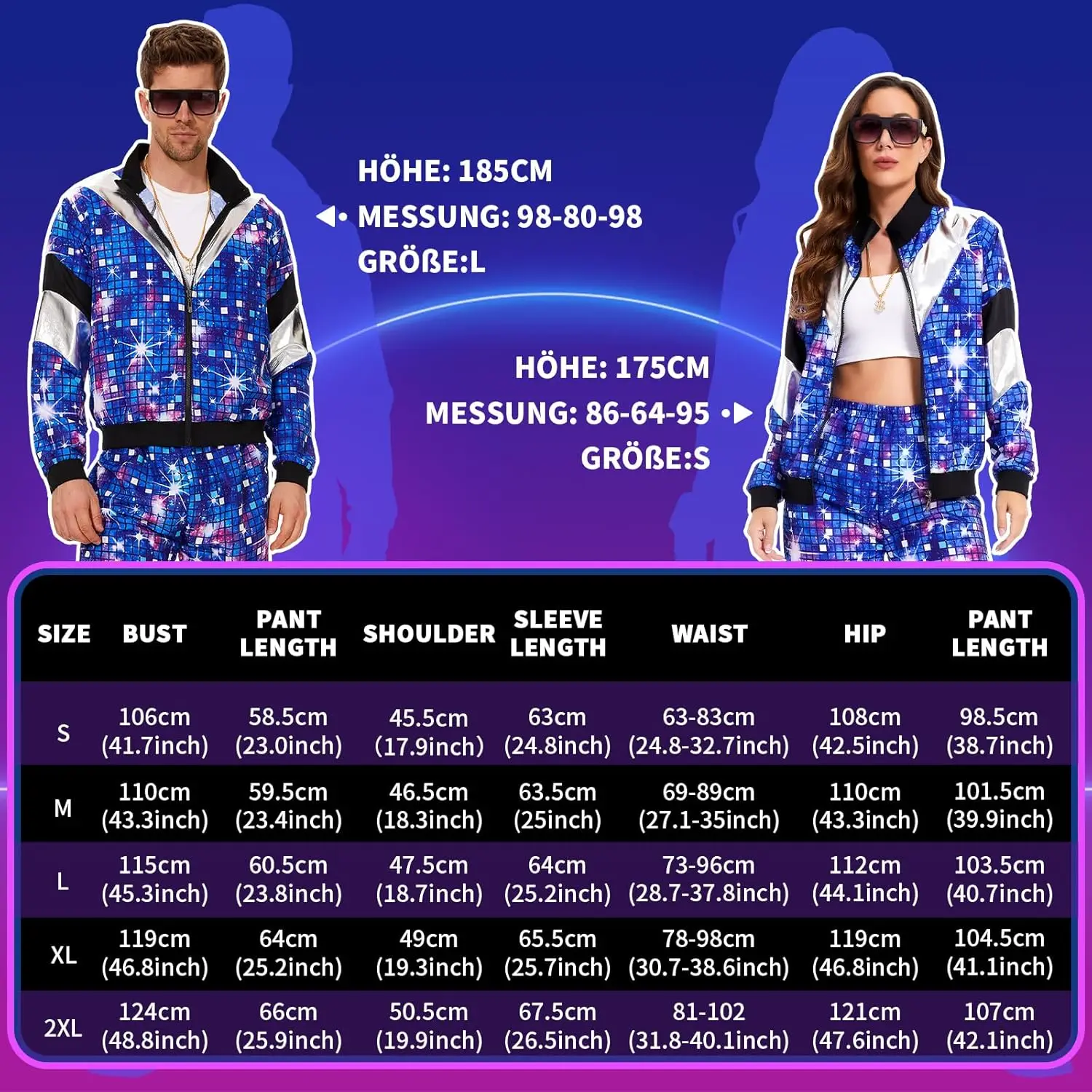 Women's Men's Costume 80s 90s Suit Party Accessories Disco Jacket Trousers  Outfit Women's Men's Costume Tracksuit for Carnival