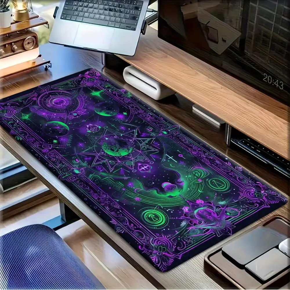 Large XXL Gaming MousePad Desk Mat Keyboard Pad Purple Green Zodiac Tarot Star Witchy Mystic Symbol Print Extended Stitched Edge