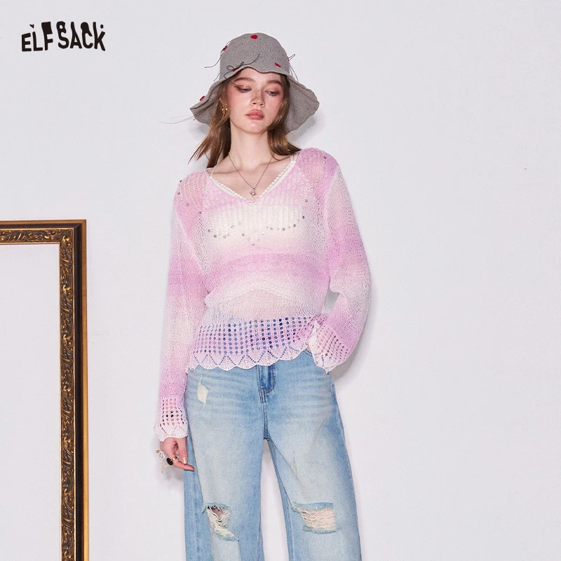 

ELFSACK Gradient Ombre Pointelle Knit Sweater, V-Neck Rhinestone Scallop Hem Long Sleeve Top, Sweet Casual Knitwear for Women