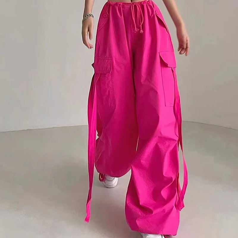 

Vintage Pockets Cargo Pants Drawstring High Waist Streetwear Harajuku Baggy Wide Leg Trousers Women Y2k Korean Fashion Bottoms