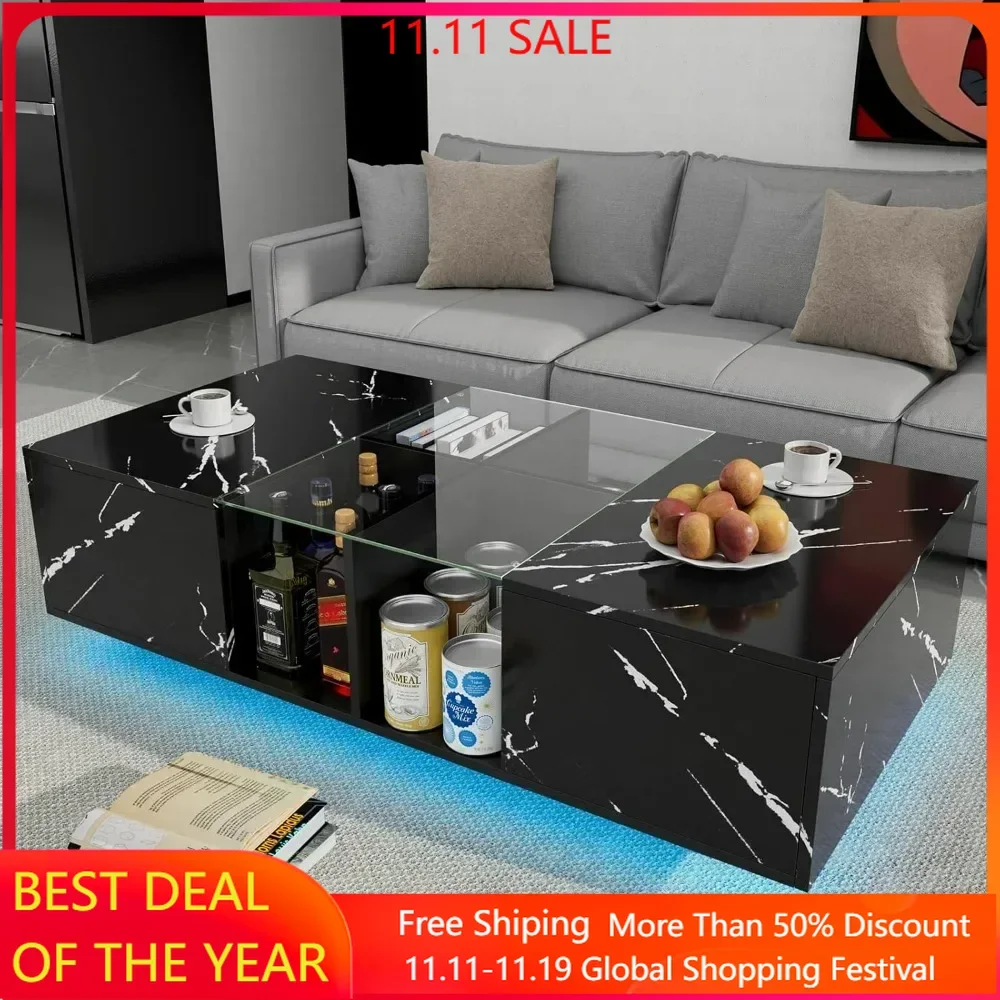 

Coffee Table with Storage, LED Rectangular Wood Coffee Table, Display Shelf & Large Sliding Drawers, Faux Marble Glass Table