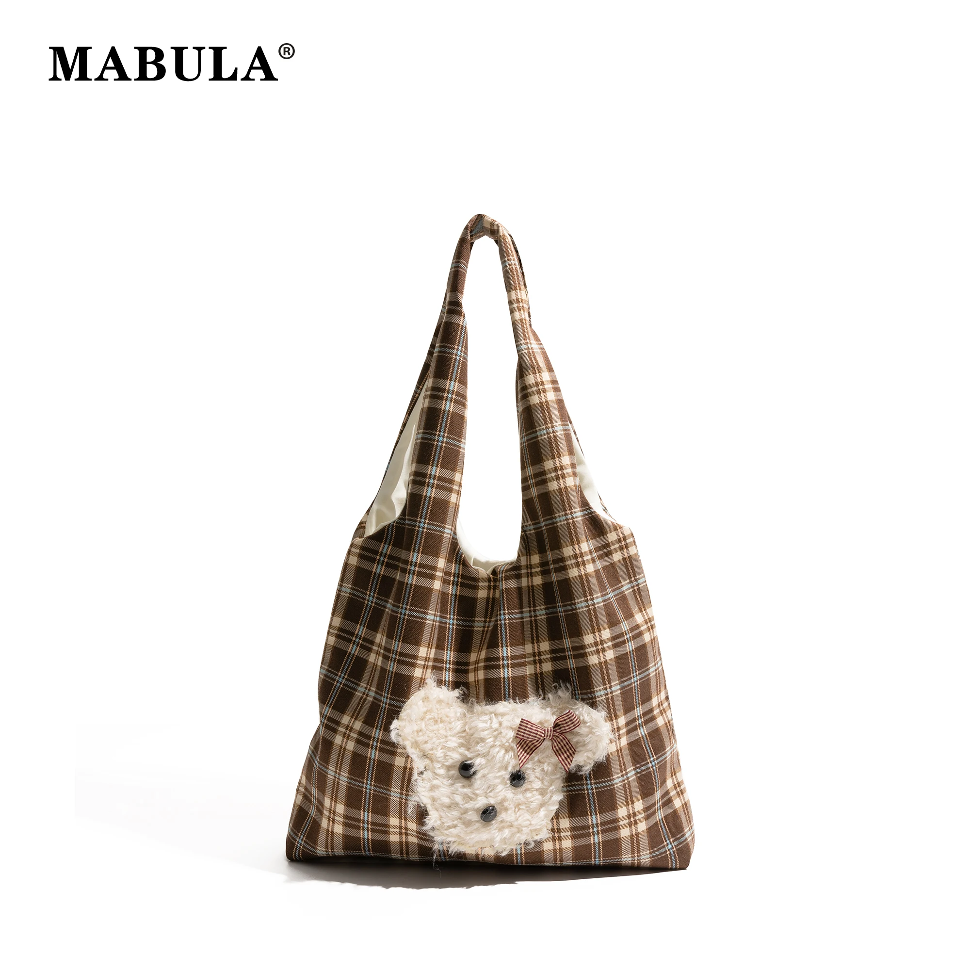 MABULA Women's Checkered Shoulder Bag Large Capacity Handbag Vest Bags With Plush Teddy Bear Face Autumn Girl Cloth Handbag