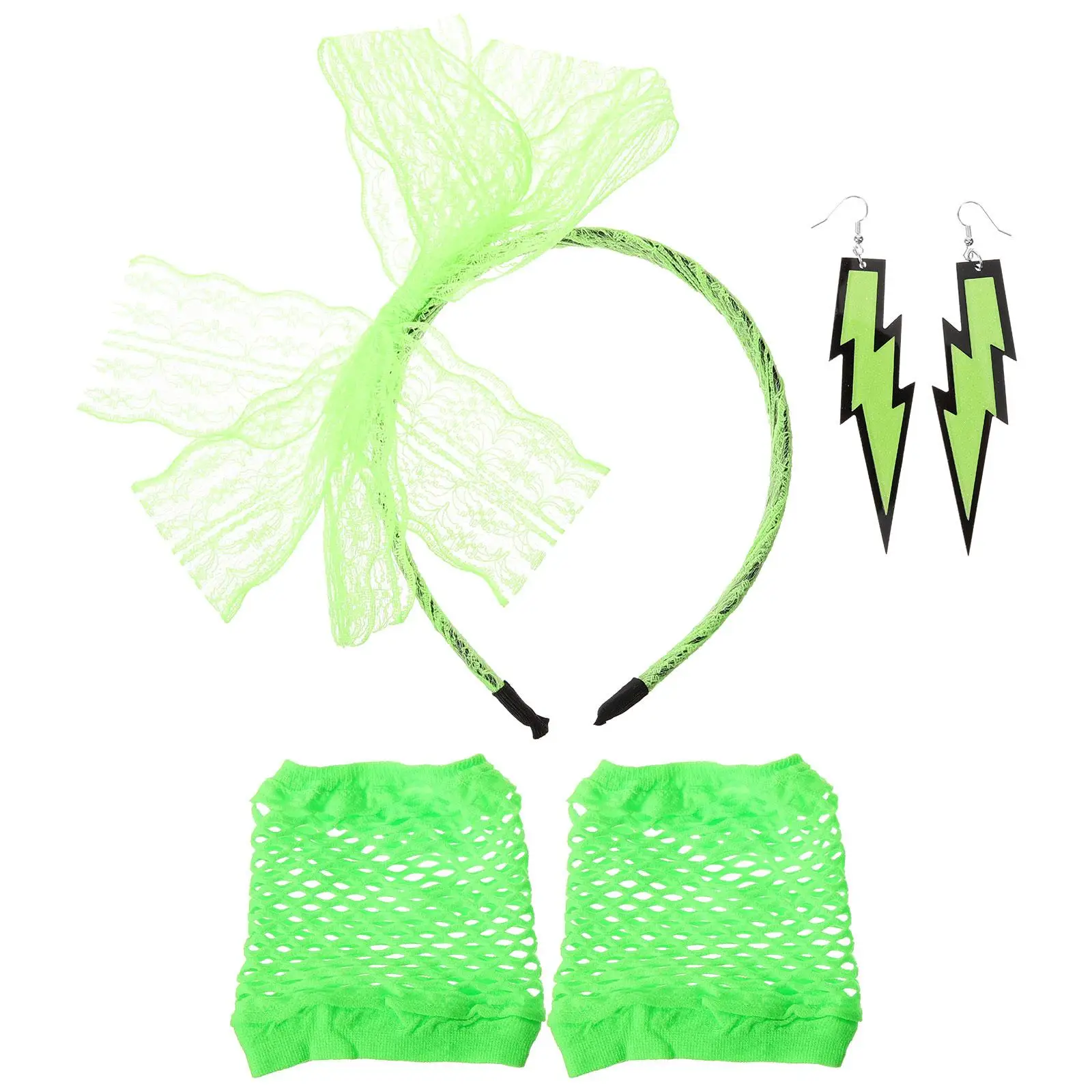Kanten hoofdband oorbellen Visnethandschoenen 80s Feestkostuums Neon Oorbellen Accessoires Dames Retro Disco Halloween Cosplay