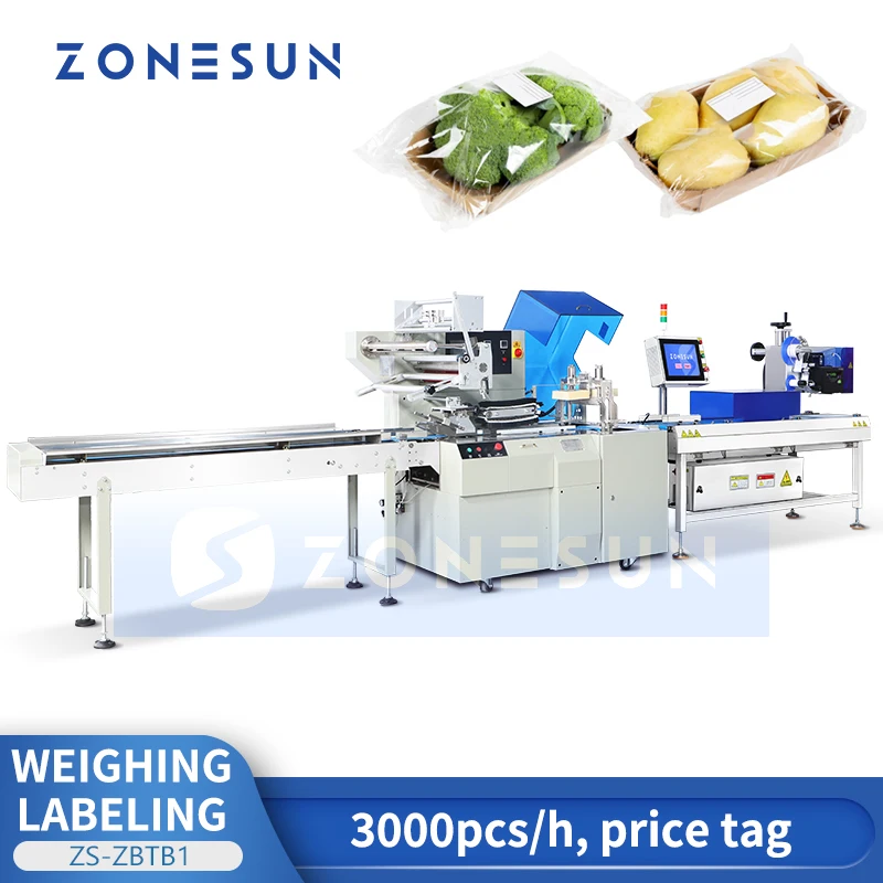 ZONESUN ZS-ZBTB1 Horizontal Flow Wrapper with Weigh Price Labeler Pillow Packaging Machine