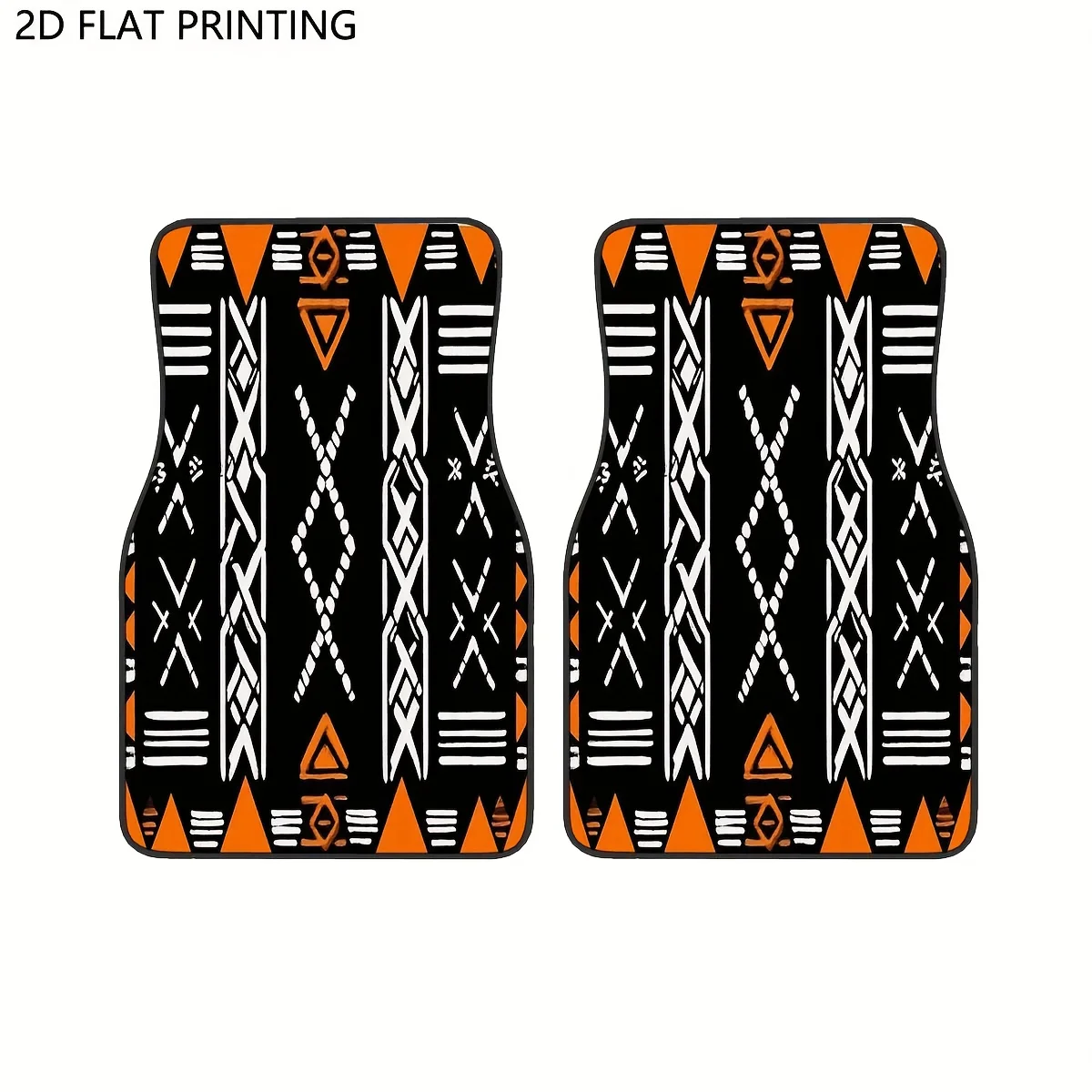 2D Flat, 2pcs/4pcs Tribal Geometric Car Floor Mats - Vibrant Orange & Black Geometric Pattern, Durable Polyester, Fit For All Ve
