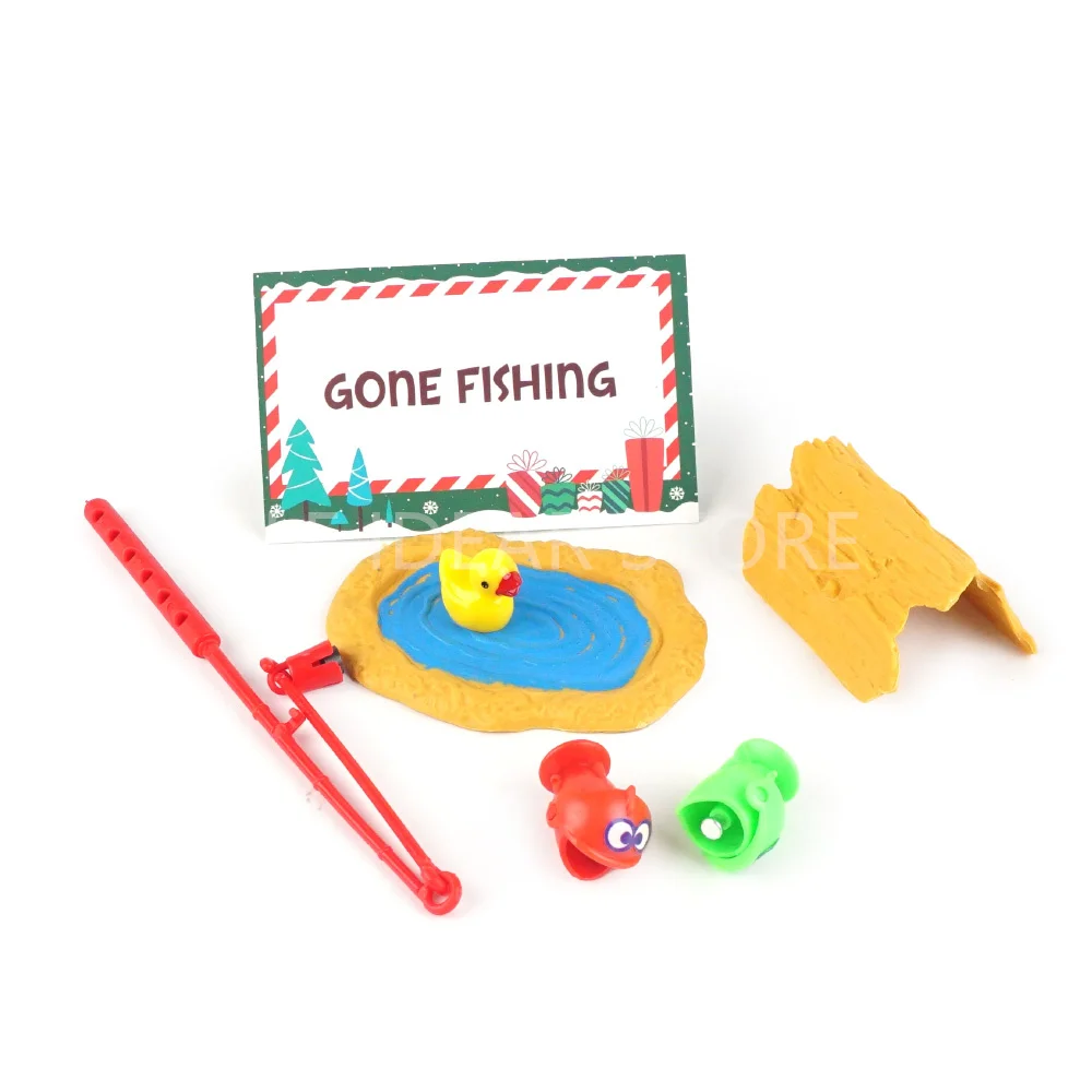 Christmas Elf Gone Fishing Prop Festive Dollhouse Accessories Set with Fishing Rod, Fish Pond, and Sign