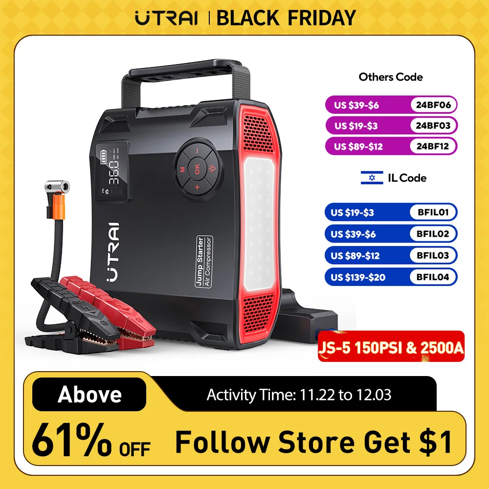 UTRAI Compressor 150PSI Air Pump Bicycle Car 2000A Jump Starter  Power Bank Wireless Tire Inflator LED Air Compressor