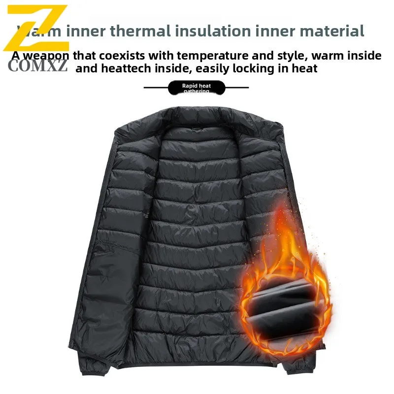 COMXZ Winter Stand Collar Down Jacket Men Korean Style Solid Color Thin Warm White Duck Coat Lightweight Comfort Office WorkWear