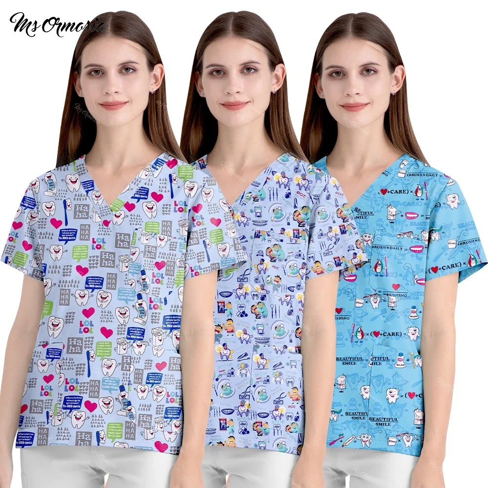 Hospital Working Uniform Medcine Teeth Print Nursing V-neck Blouse Dental Clinic Uniform Medical Nurse T-shirt Pockets Scrub Top