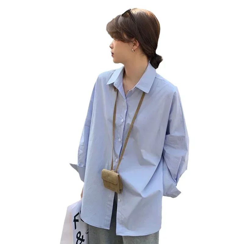 New Preppy Style Women Simple Shirt Korean Fashion Loose Harajuku Blouse Autumn Long Sleeve All Match Design Blue Tops Chic