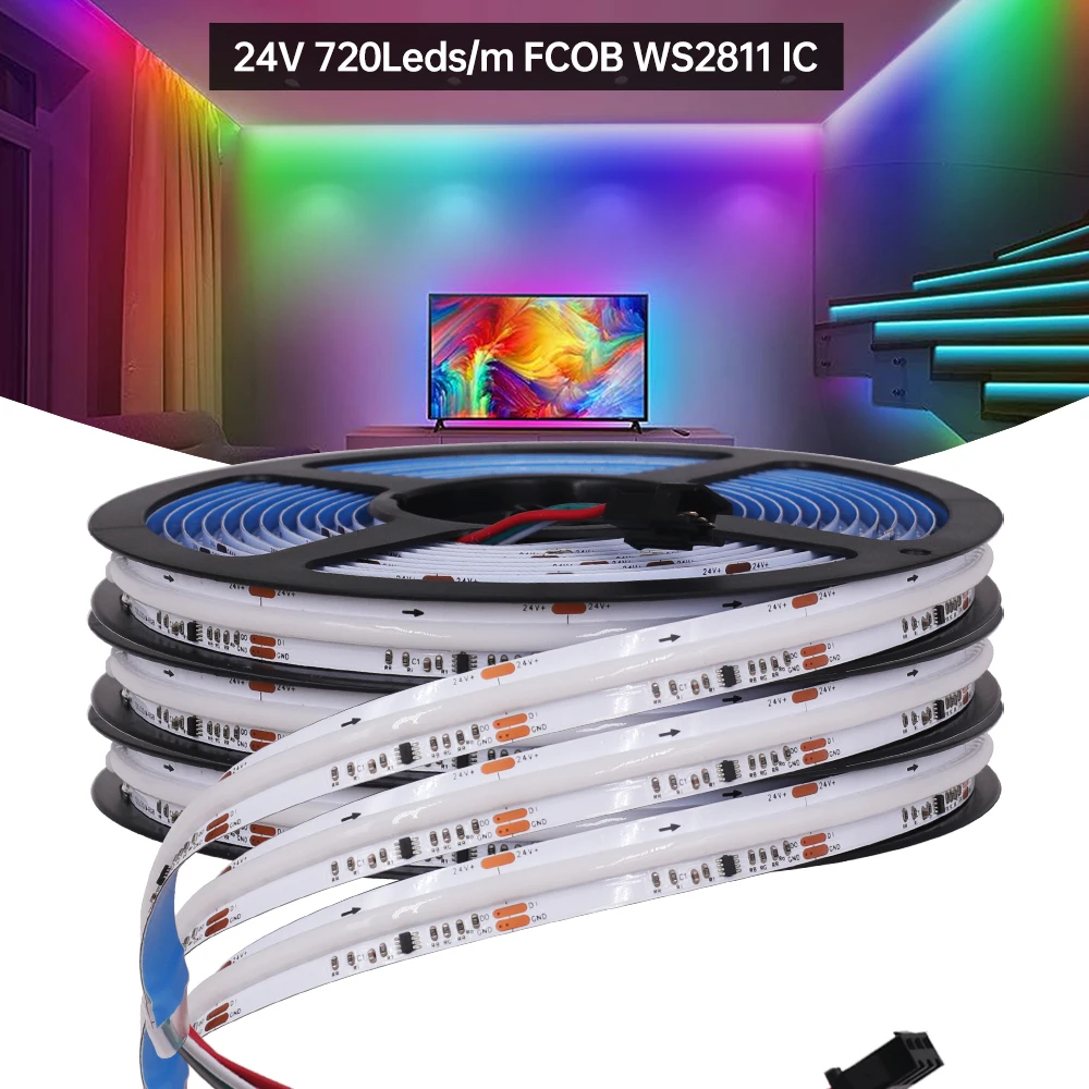 12V 24V RGB COB LED Strip WS2811 IC 720LEDs/m Full Color FOB Pixel Light 0.5m 2m 5m 10m Flexible Ribbon LED Tape Diode