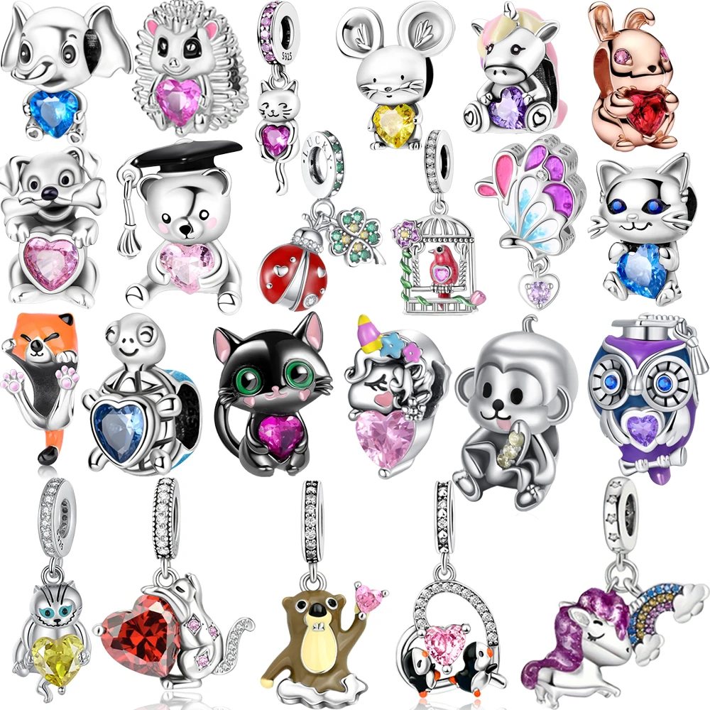 

Lovely 925 Sterling Silver Pets and Butterflies Inlaid With Heart Shaped Dangle Charm Fit DIY Bracelet Necklaces Gift Jewelry