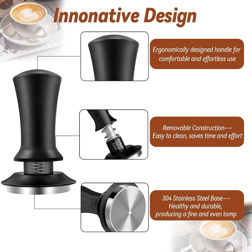 304 Stainless Steel 4Pcs Coffee Tool Set Graduated Frothing Pitcher Adjustable Tamper for Home Espresso Latte Art Daily Use
