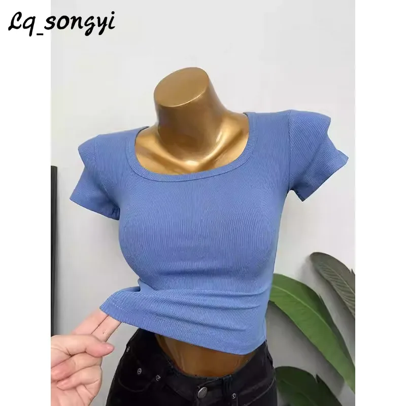 

Lq_songyi Scoop Neck Crop Tops Short Sleeve Thin T Shirts Korean Pop High Strecth Top Summer Women Slim Fit Tight T-shirt