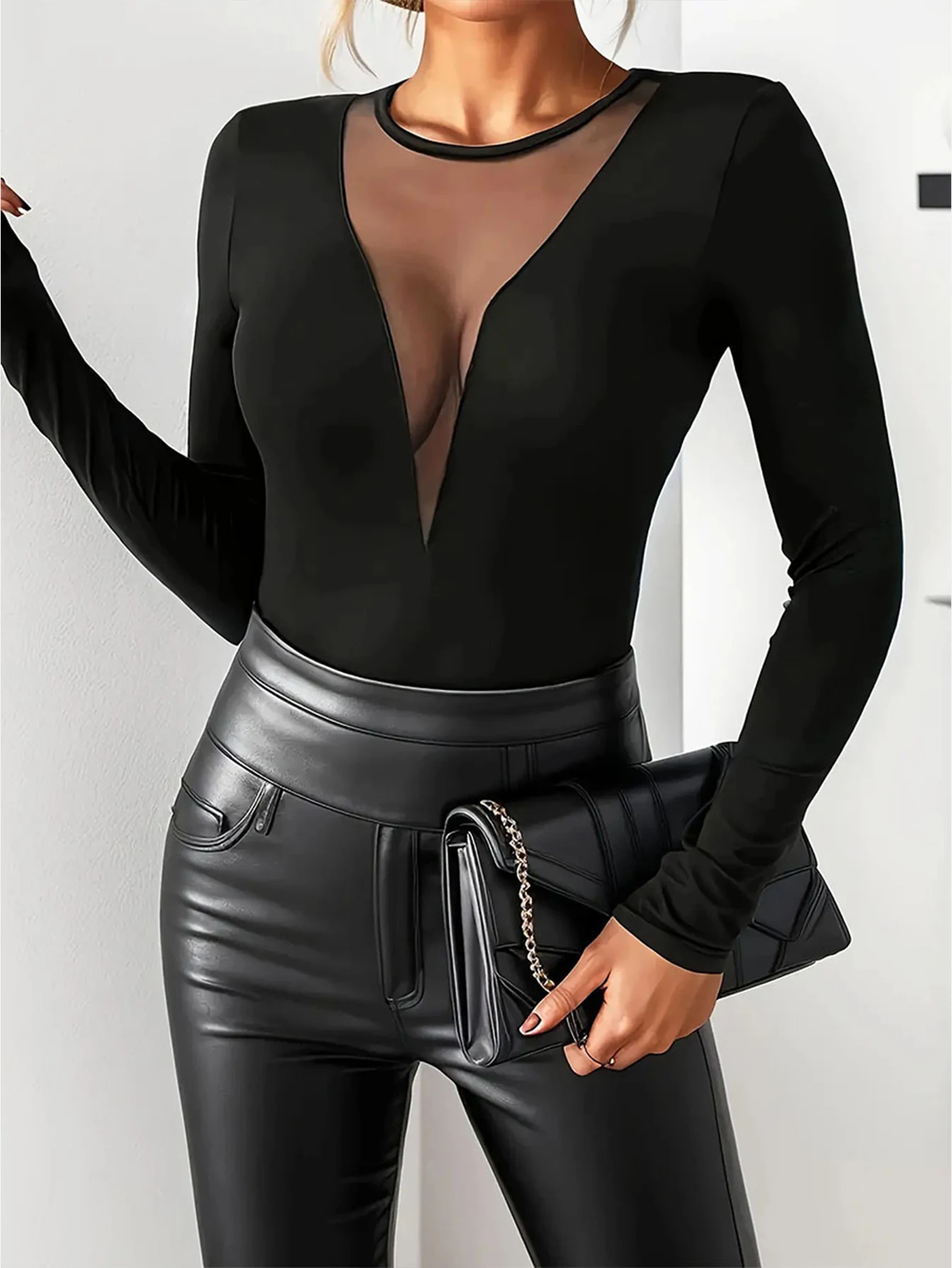 

Autumn T-Shirts 2025 Women's Sexy Plain Gauze Long Sleeve Round-Neck Fitting Slim Office Lady T-Shirts