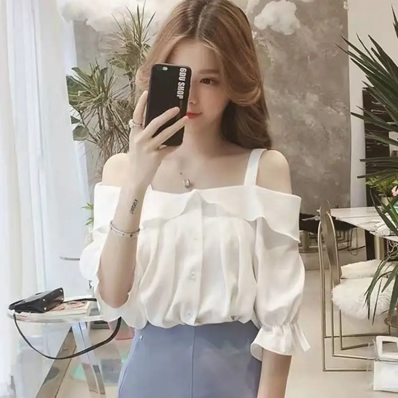 Women Summer Fashion Sweet Ruffles Solid Color Slash Neck Short Sleeve Chiffon Shirts Women Clothes Casual All-match Trend Tops