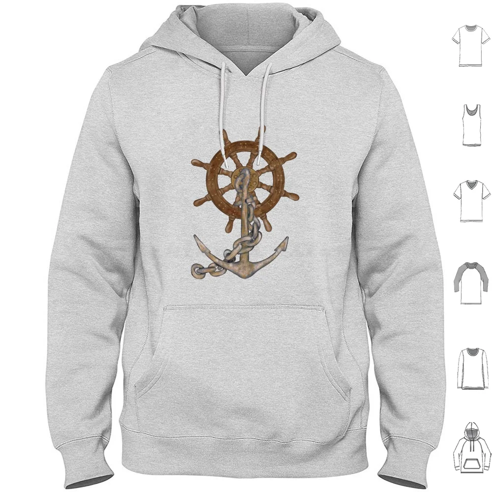 Rudder And Anchor Hoodie cotton Long Sleeve Rudder Anchor Pirate Skull Pirates Ship Funny Ocean Black Luffy Sea Skeleton