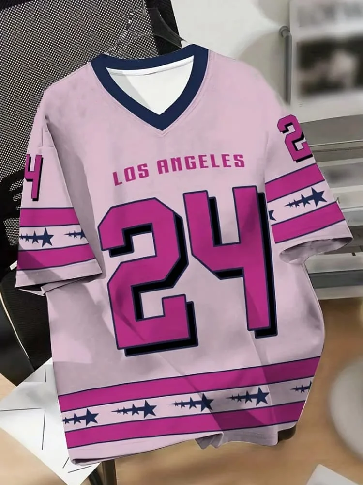 Camiseta con cuello en V y estampado NO.24 de Los Ángeles para hombre, camiseta gráfica de verano, camisetas de béisbol, camiseta deportiva Y2K rosa de talla grande para mujer