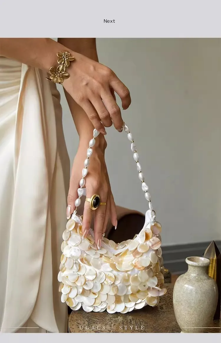 

Fashion Natural Shell Case Beaded Handmade Hobo Bag Pearl Beading Women Handbag Luxury Satin Clutch Purse Shoulder Crossbody Bag
