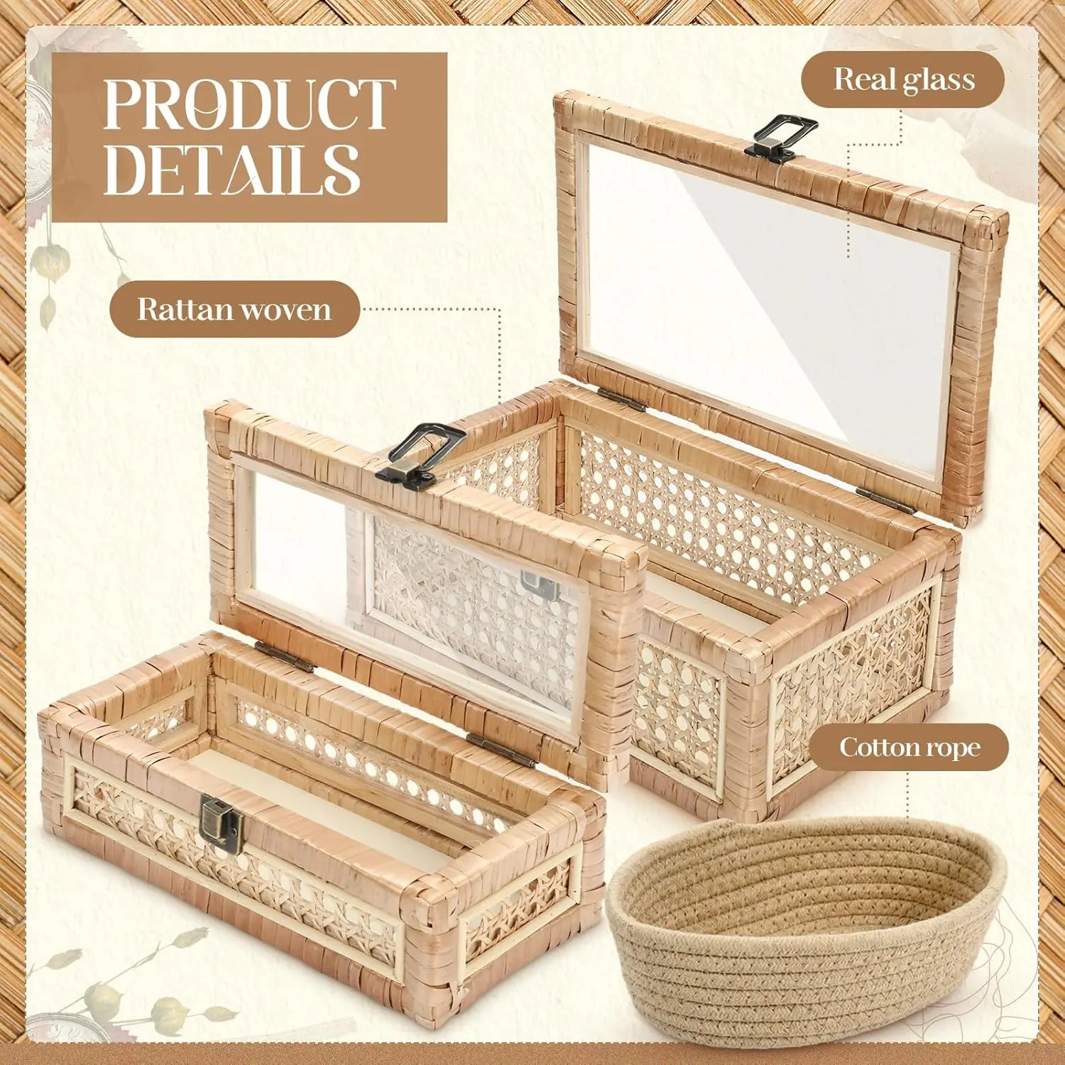 

Набор из 2-х декоративных коробок из ротанга в стиле бохо со стеклянной крышкой. Прямоугольные коробки из тканой трости для демонстрации в деревенском стиле. Прямые продажи с фабрики.