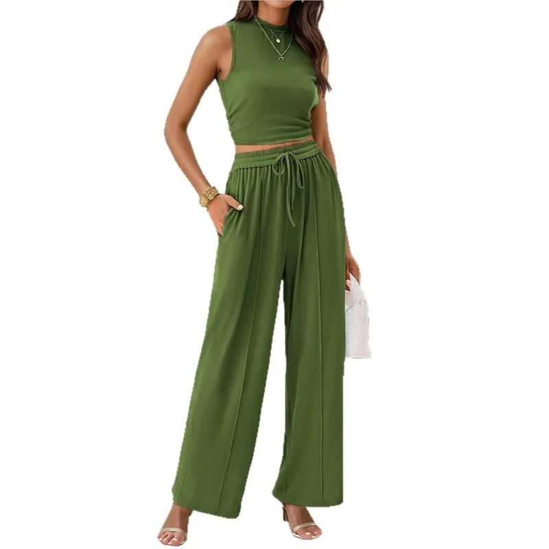 

Y2k Casual Streetwear Two-piece Suit Women's Summer Fashion Sleeveless Short Top+wide Leg Pants Set Ladies Simple Style Outfit