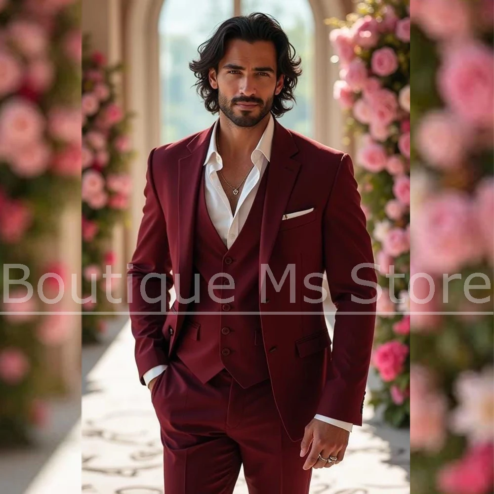 

Мужской бордовый костюм, шикарный однобортный пиджак, жилет и брюки, официальный наряд для свадебной вечеринки, модные смокинги из трех предметов