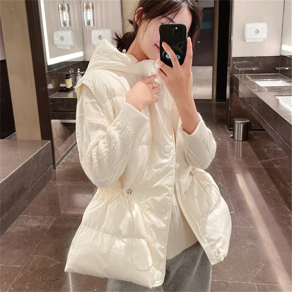 2026 Cotton Padded Puffer Coat Windproof Warm Waistcoat New Autumn Winter Women Vest Drawstring Stand Collar Long Vest