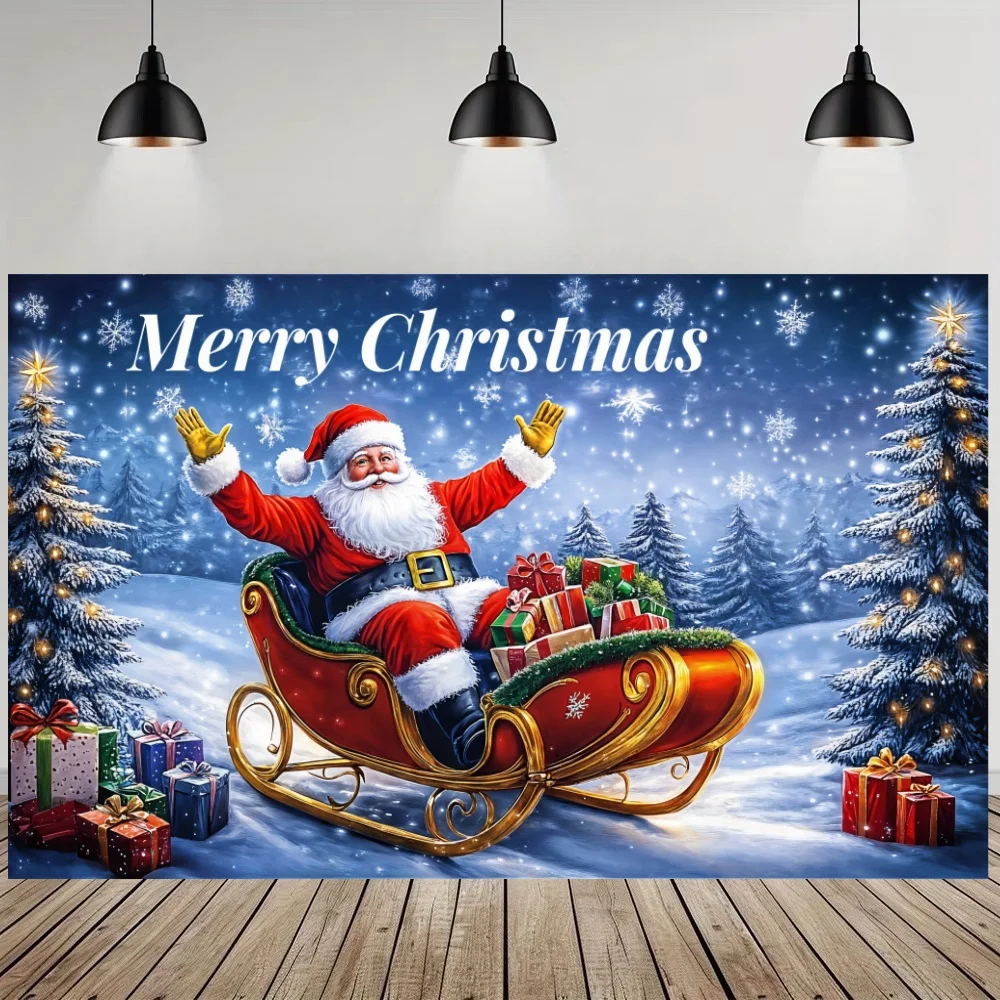 Christmas Backdrops Santa Claus Sleigh Gift Photography Background Banner New Year Christmas Party Decoration Banner Photo Shoot