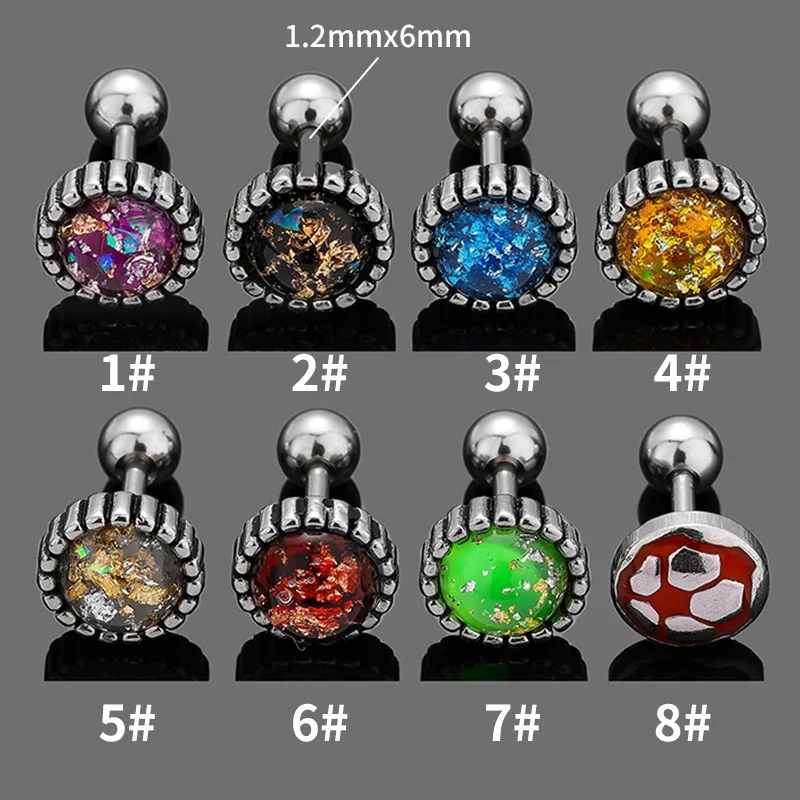 1 Pc Colored Moonstone Stone Football Ear Barb Screw Earrings for Piercing and Perforation of The Ear Jewelry