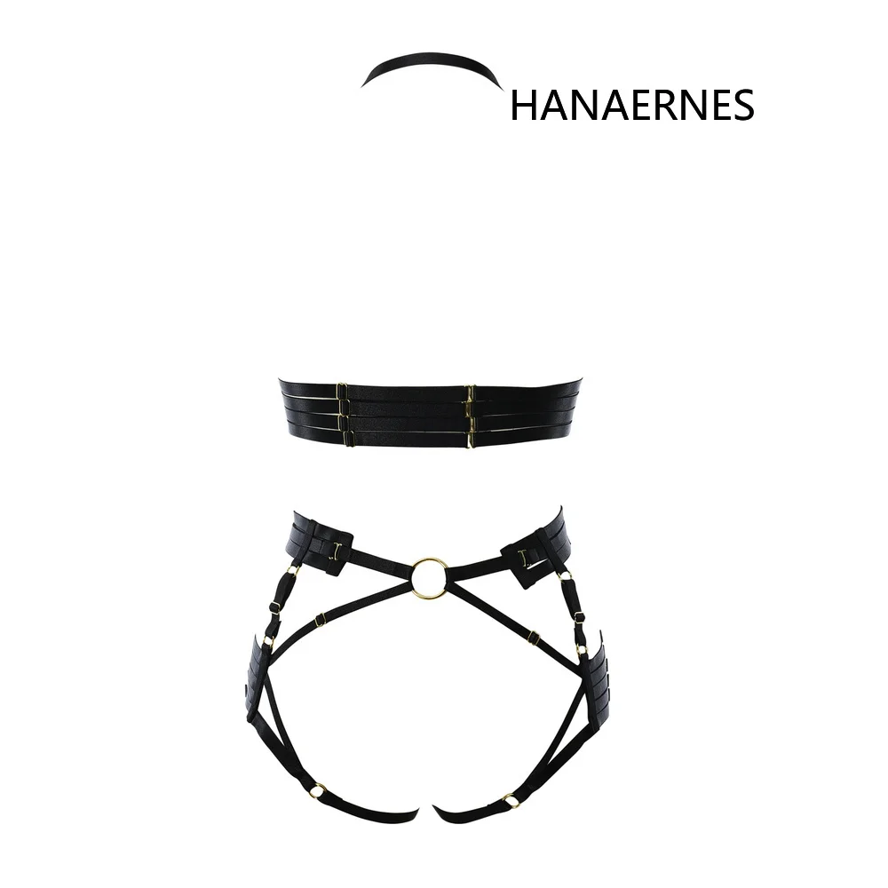 HANAERNES Elastic Adjustment Punk Dance Carnival Costume Gothic Suspender Bra Women's Black Tight Top Garter Sexy Lingerie Set