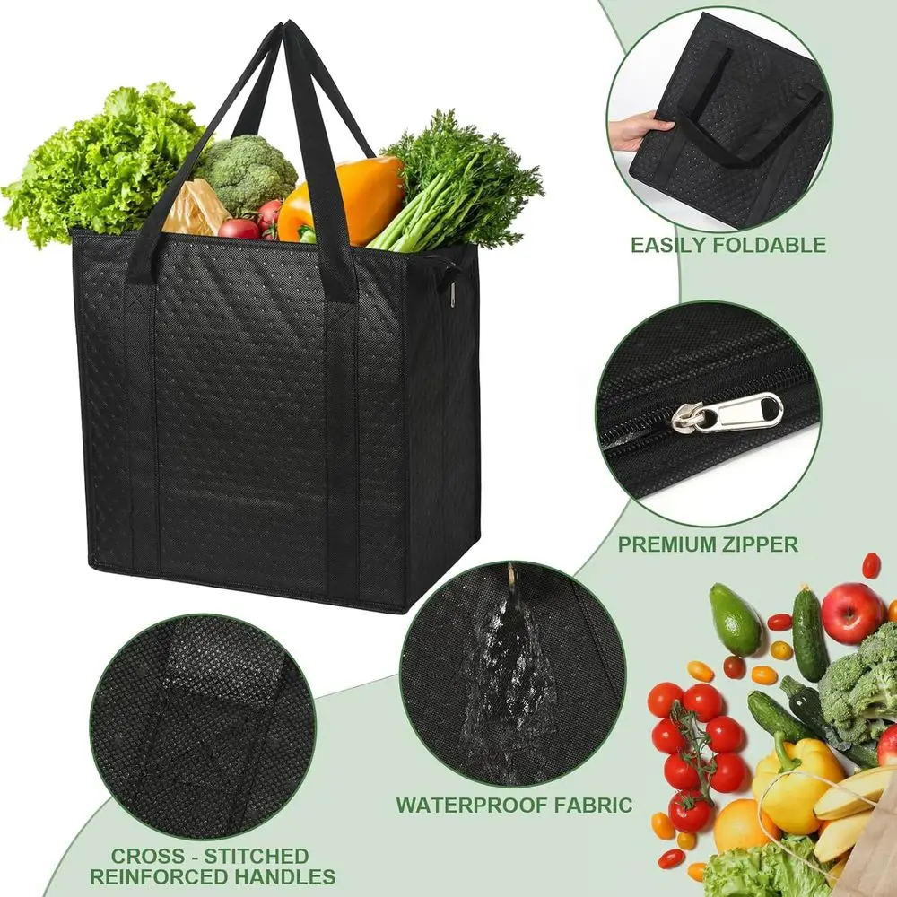 20 Pack Insulated Zippered Grocery Bags with Handles, Large Collapsible Cooler Totes for Temperature-Controlled Food