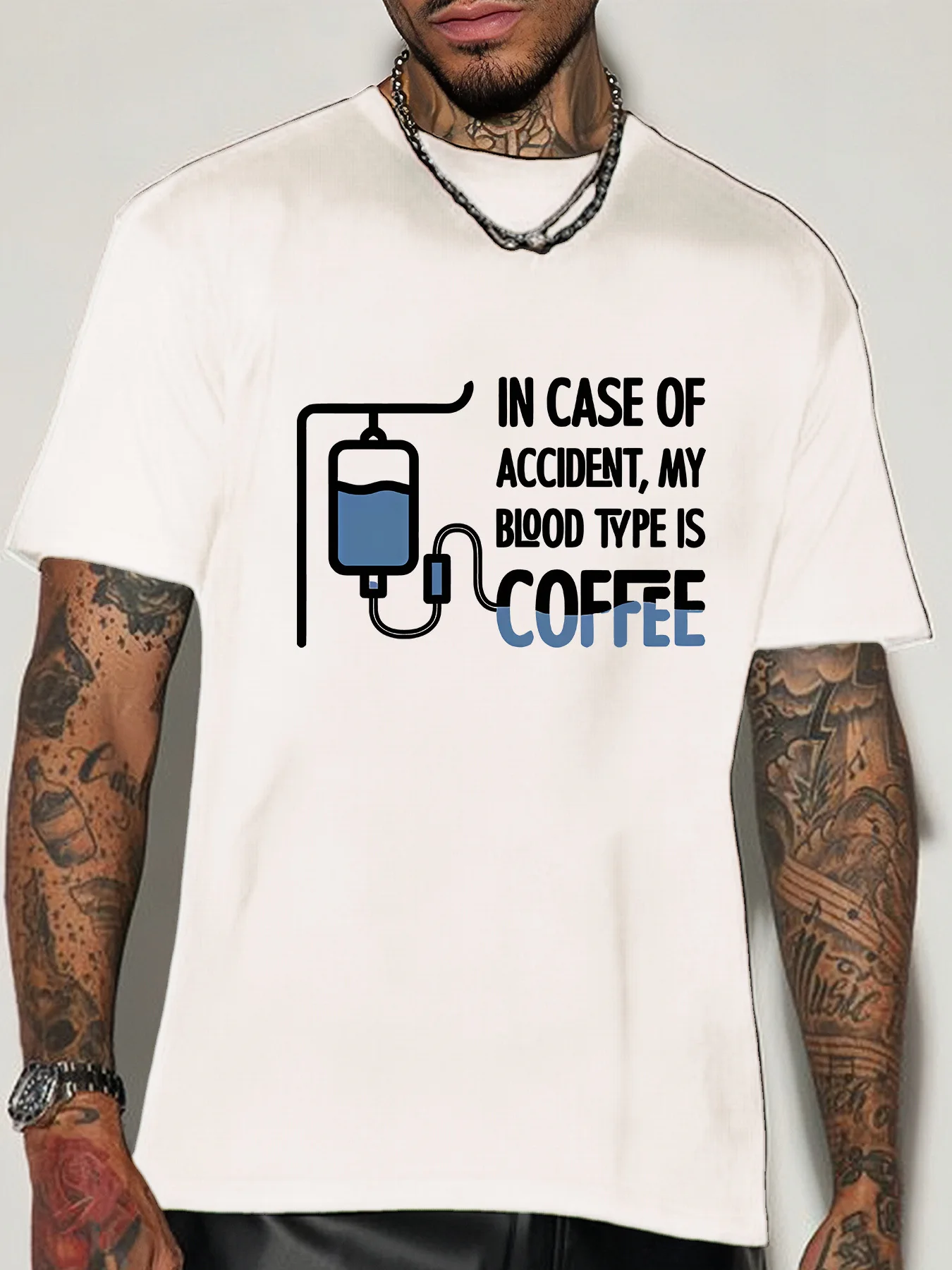 Men Short Sleeve Crew Neck T Shirt Coffee Blood Type IV Drip Funny Slogan Graphic Caffeine Lover Casual Cotton Streetwear Tee