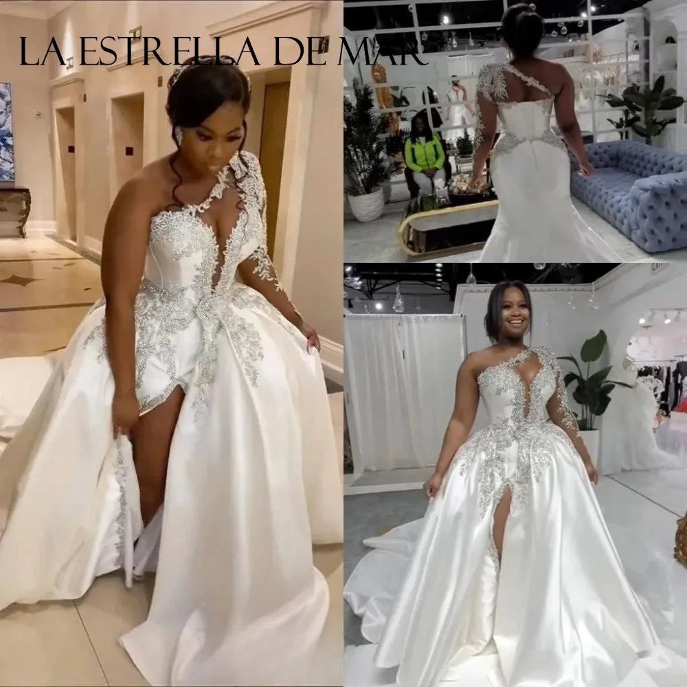 Detachable Wedding Dresses Bride Satin One Shoulder Long Sleeved Silver Crystal Beads  African Vestidos Novia Mermaid Brautkleid