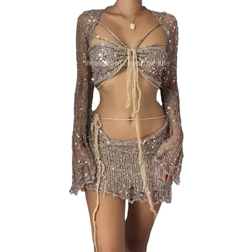 Chic Summer Y2k Sexy 3-piece Set Skirt Suit Long Sleeve Cropped Top Bras Mini Skirts Beach Sets Women Clothing Trend Streetwear