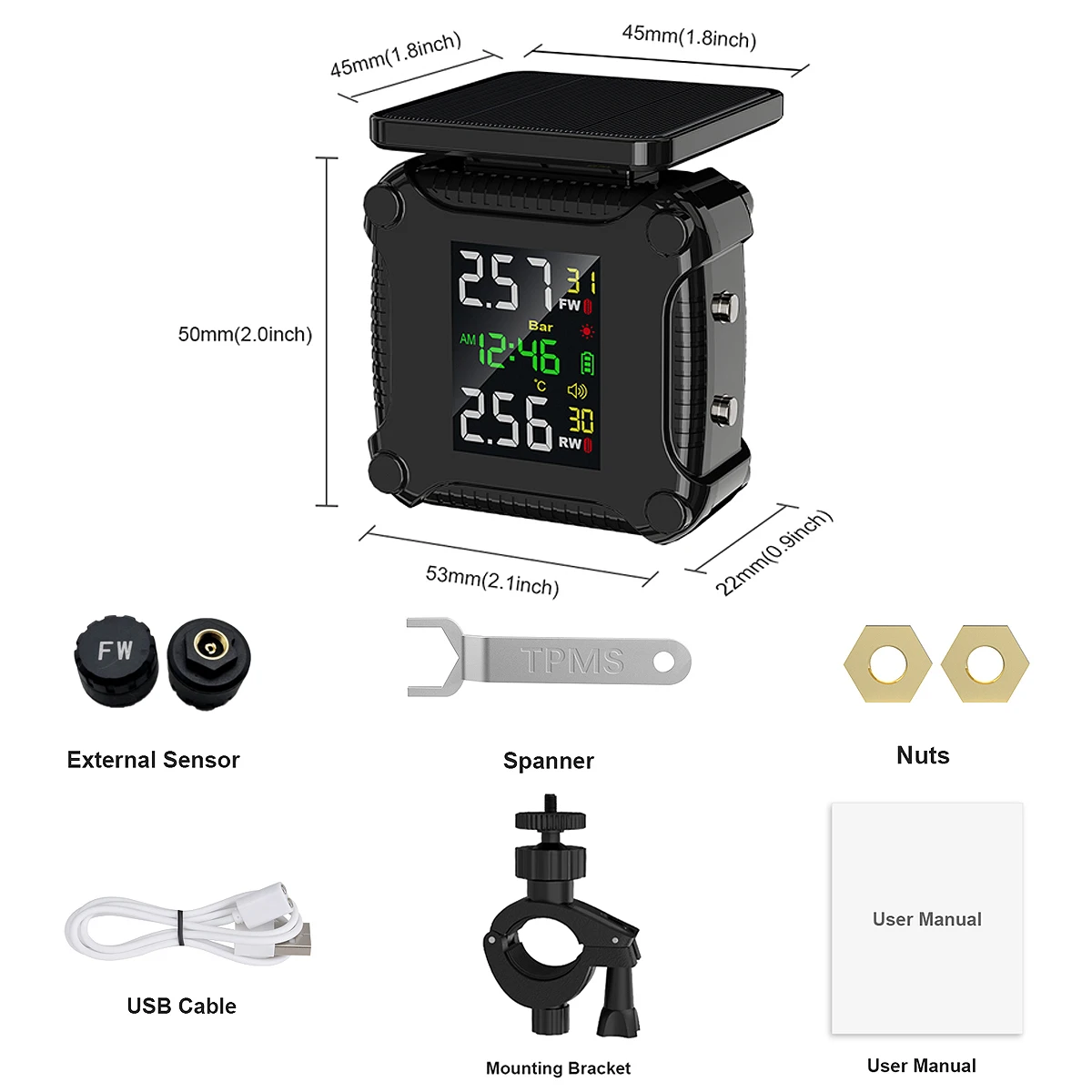 Motorcycle Tire Pressure Monitoring System Motorcycle TPMS with 2 Sensors LCD Display  Real Time Solar Charging Motorbike TPMS