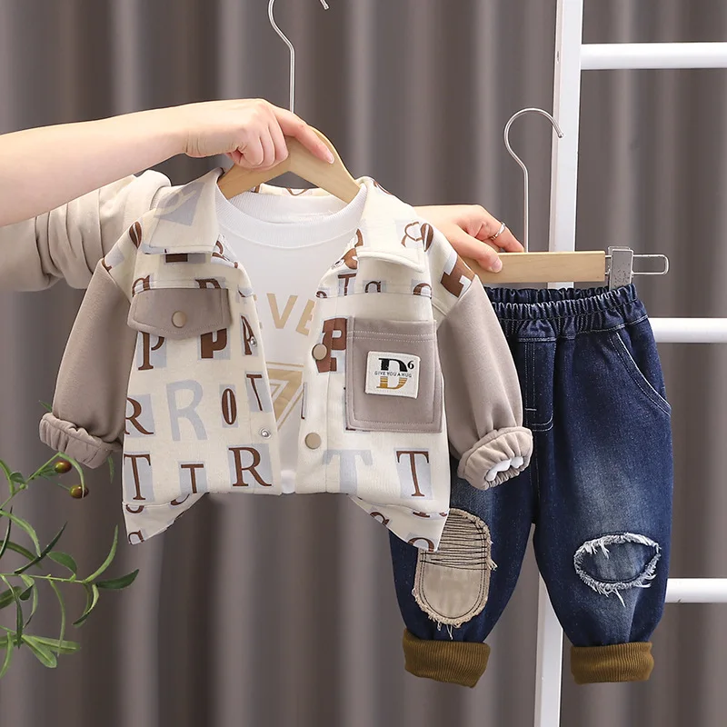 Baby Spring Kids Boys Suit 2024 Korean Letter Turn-down Collar Jackets + T-shirts + Pants for 12 To 18 Months Boy Clothing Sets image 2
