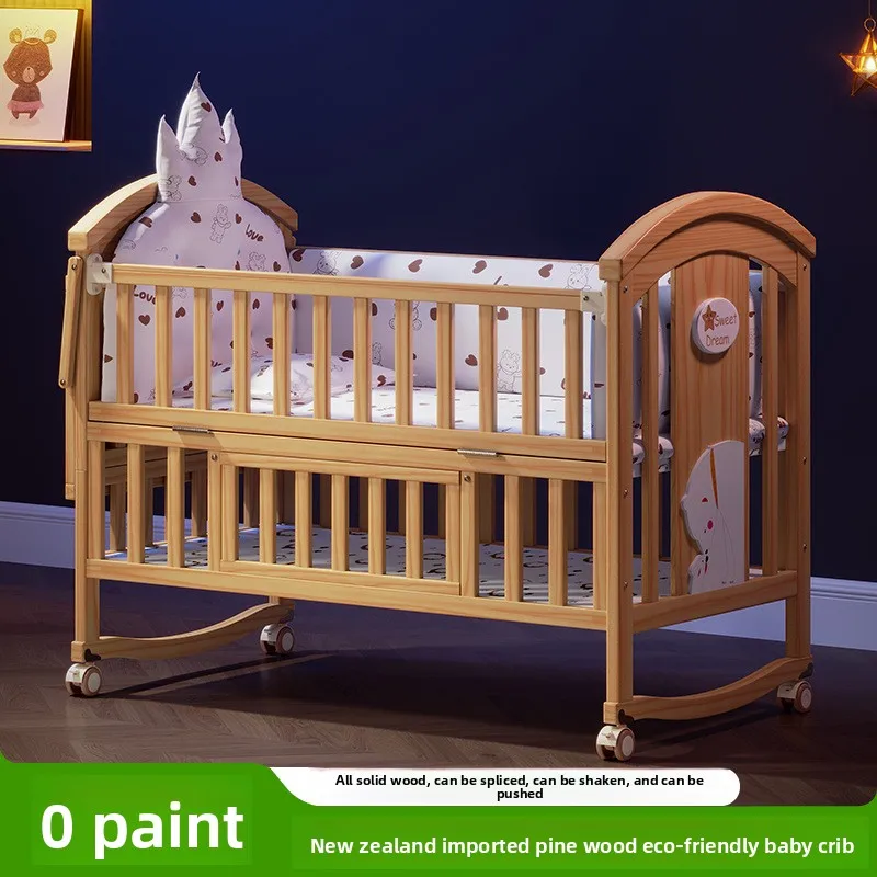 Crib solid wood newborn paint-free movable baby bb children multi-functional cradle splicing bed