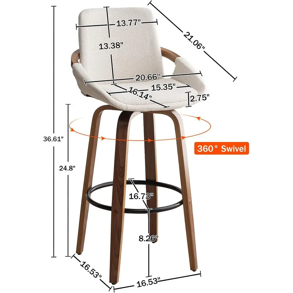 カウンターハイトバースツール2脚セット ミッドセンチュリーモダン レトロバーチェア チャコールベージュ リネン風ファブリック張り ウォールナット材