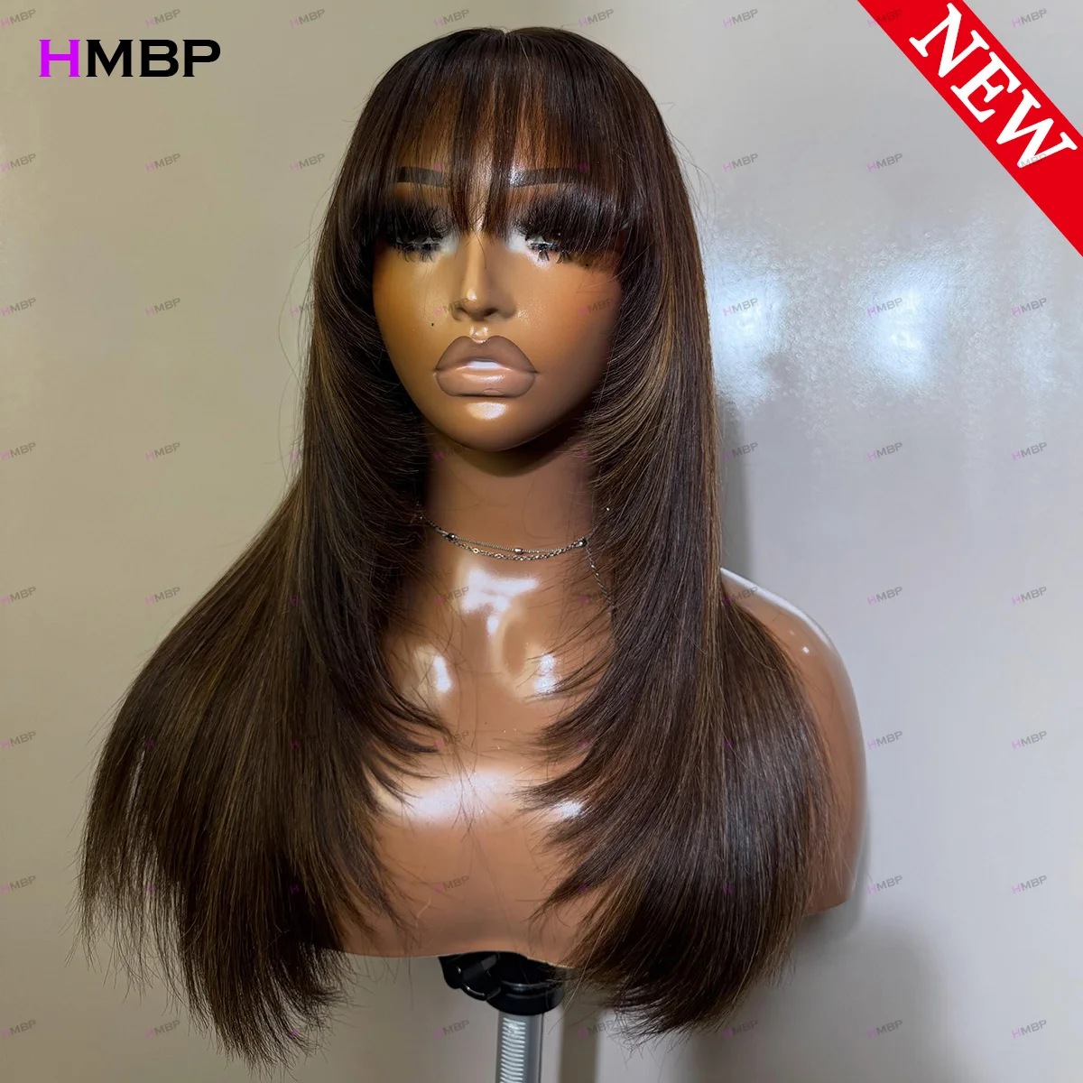 HMBP #4/27 Highlight Straight Layered Wig With Bangs Human Hair Wig 450 Density Glueless Pre Plucked Natural Hairline For Women